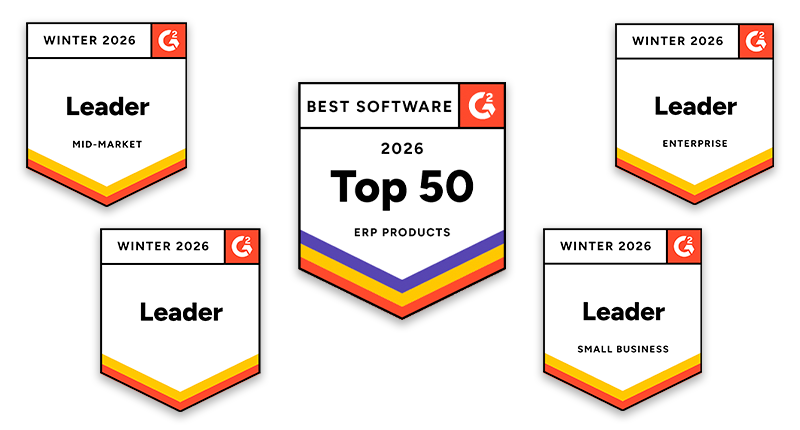 Award badges from G2 Winter 2026 showcasing Deltek’s leadership in ERP solutions and customer experience